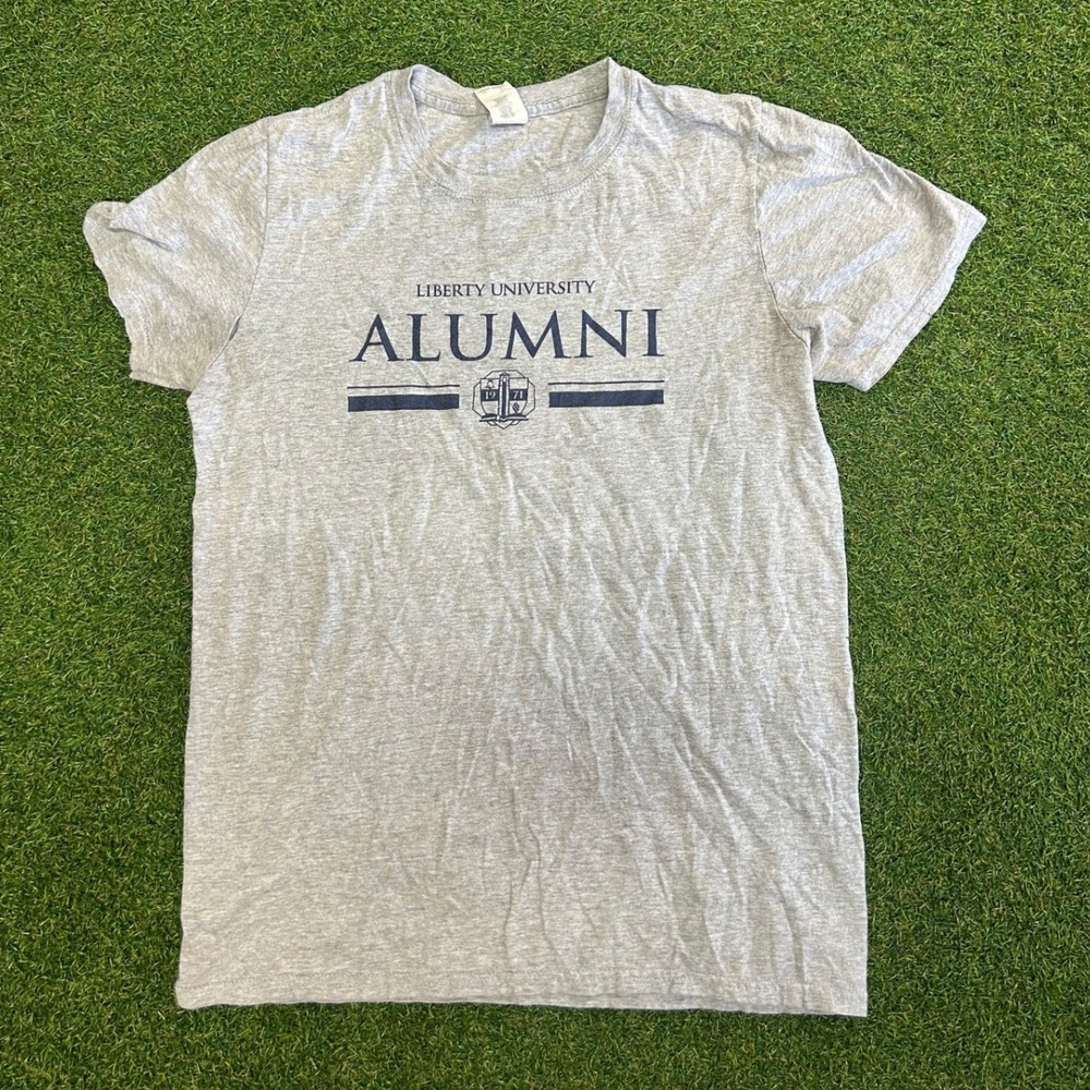 Liberty University Alumni T-Shirt Heather Gray Navy Blue Graphic Small LU Crest